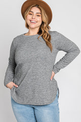 Heather Grey Ribbed Long Sleeve Curved Hem Plus Top