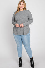 Heather Grey Ribbed Long Sleeve Curved Hem Plus Top