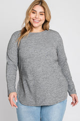 Heather Grey Ribbed Long Sleeve Curved Hem Plus Top