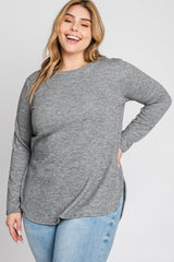 Heather Grey Ribbed Long Sleeve Curved Hem Plus Top