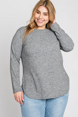 Heather Grey Ribbed Long Sleeve Curved Hem Plus Top