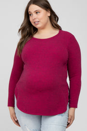 Burgundy Ribbed Long Sleeve Curved Hem Plus Maternity Top