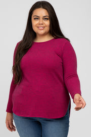 Burgundy Ribbed Long Sleeve Curved Hem Plus Top