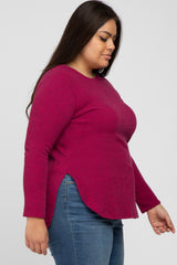 Burgundy Ribbed Long Sleeve Curved Hem Plus Top