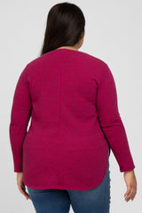 Burgundy Ribbed Long Sleeve Curved Hem Plus Top