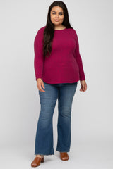 Burgundy Ribbed Long Sleeve Curved Hem Plus Top