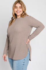 Taupe Ribbed Long Sleeve Curved Hem Plus Top