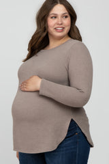 Taupe Ribbed Long Sleeve Curved Hem Plus Maternity Top