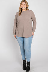 Taupe Ribbed Long Sleeve Curved Hem Plus Top