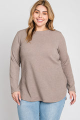 Taupe Ribbed Long Sleeve Curved Hem Plus Top