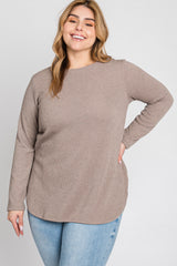 Taupe Ribbed Long Sleeve Curved Hem Plus Top