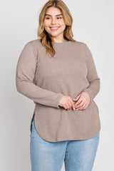 Taupe Ribbed Long Sleeve Curved Hem Plus Top