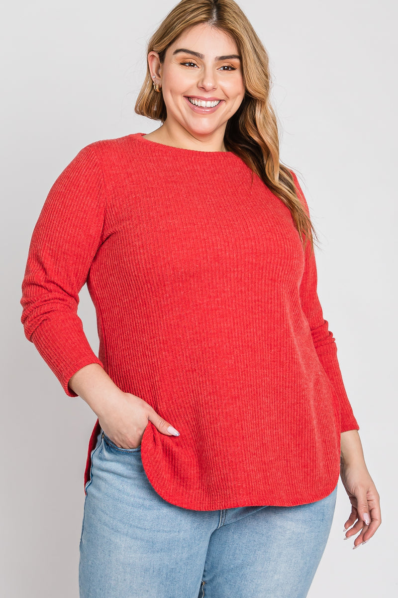 Red Ribbed Long Sleeve Curved Hem Plus Top – PinkBlush