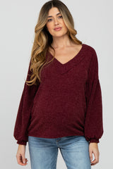 Burgundy Long Puff Sleeve Maternity Top