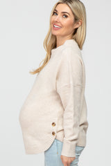 Beige Button Accent Maternity Sweater