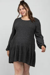 Charcoal Brushed Knit Tiered Maternity Plus Dress