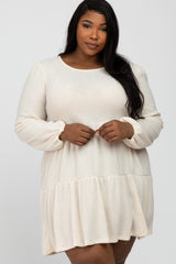 Cream Brushed Knit Tiered Plus Dress