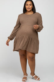 Mocha Brushed Knit Tiered Maternity Plus Dress