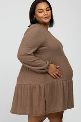 Mocha Brushed Knit Tiered Maternity Plus Dress