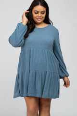 Blue Brushed Knit Tiered Plus Dress