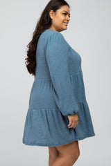 Blue Brushed Knit Tiered Plus Dress