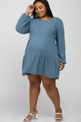 Blue Brushed Knit Tiered Maternity Plus Dress