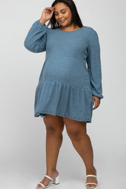 Blue Brushed Knit Tiered Maternity Plus Dress