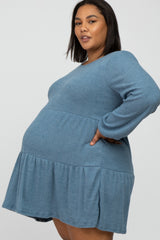 Blue Brushed Knit Tiered Maternity Plus Dress