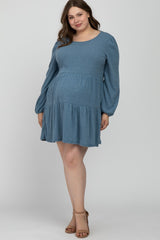 Blue Brushed Knit Tiered Maternity Plus Dress