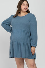 Blue Brushed Knit Tiered Maternity Plus Dress