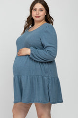 Blue Brushed Knit Tiered Maternity Plus Dress