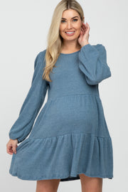 Blue Brushed Knit Tiered Maternity Dress