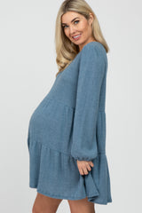 Blue Brushed Knit Tiered Maternity Dress