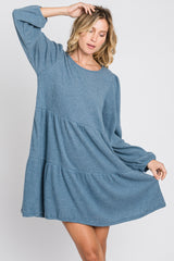 Blue Brushed Knit Tiered Dress