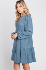 Blue Brushed Knit Tiered Dress