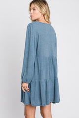 Blue Brushed Knit Tiered Dress