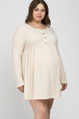 Cream Brushed Rib Button Accent Maternity Plus Dress