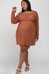 Rust Brushed Rib Button Accent Maternity Plus Dress