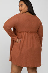 Rust Brushed Rib Button Accent Maternity Plus Dress