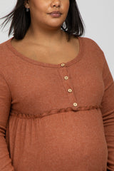 Rust Brushed Rib Button Accent Maternity Plus Dress