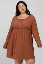 Rust Brushed Rib Button Accent Plus Dress