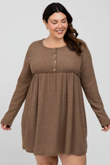 Mocha Brushed Rib Button Accent Plus Dress