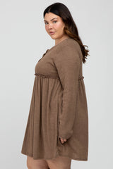 Mocha Brushed Rib Button Accent Plus Dress