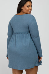 Blue Brushed Rib Button Accent Maternity Plus Dress