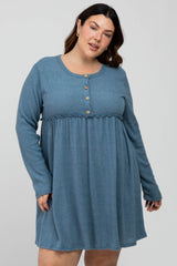 Blue Brushed Rib Button Accent Maternity Plus Dress