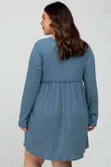 Blue Brushed Rib Button Accent Plus Dress