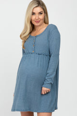 Blue Brushed Rib Button Accent Maternity Dress