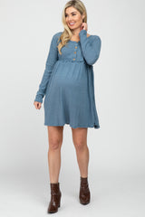 Blue Brushed Rib Button Accent Maternity Dress