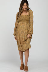 Yellow Printed Smocked Long Sleeve Maternity Dress