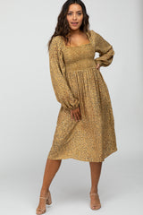 Yellow Printed Smocked Long Sleeve Dress